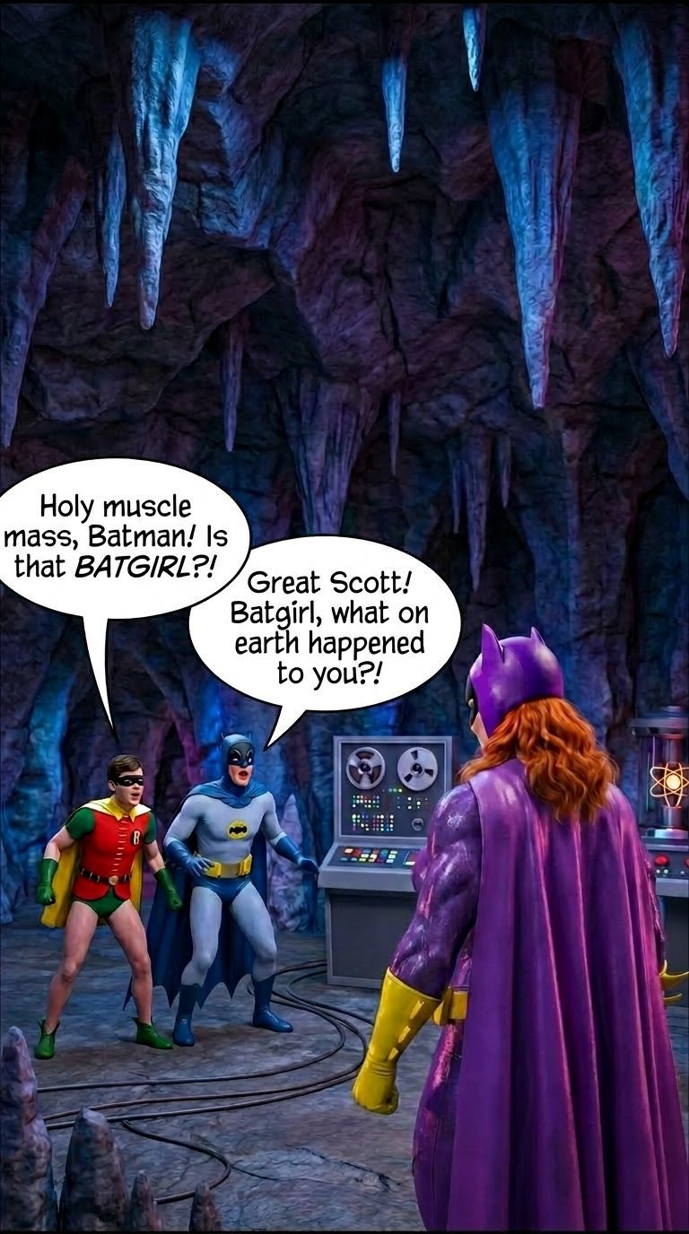 Batman '66 Teil 1 – Mobile Version, Seite 6 — KI-Comic über weibliches Muskelwachstum