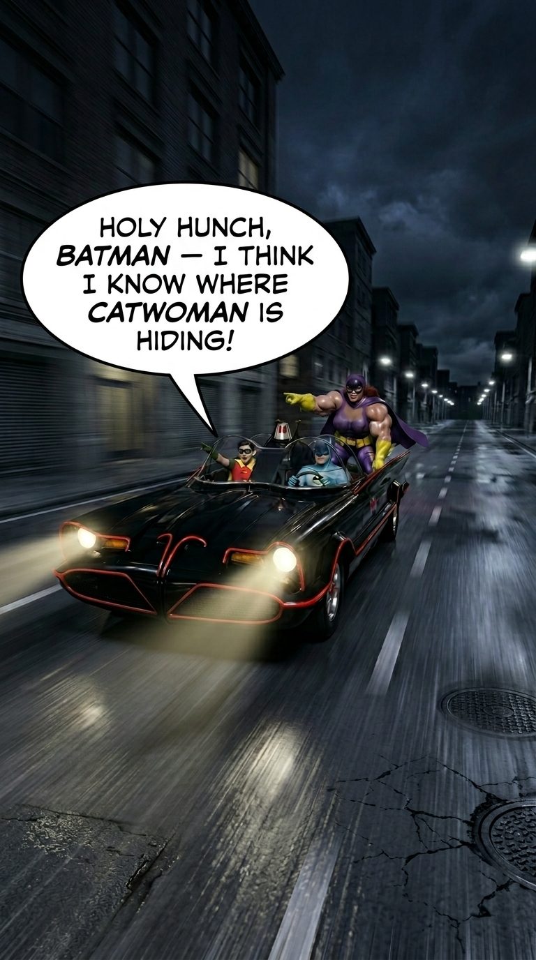 Batman '66 Teil 1 – Mobile Version, Seite 12 — KI-Comic über weibliches Muskelwachstum