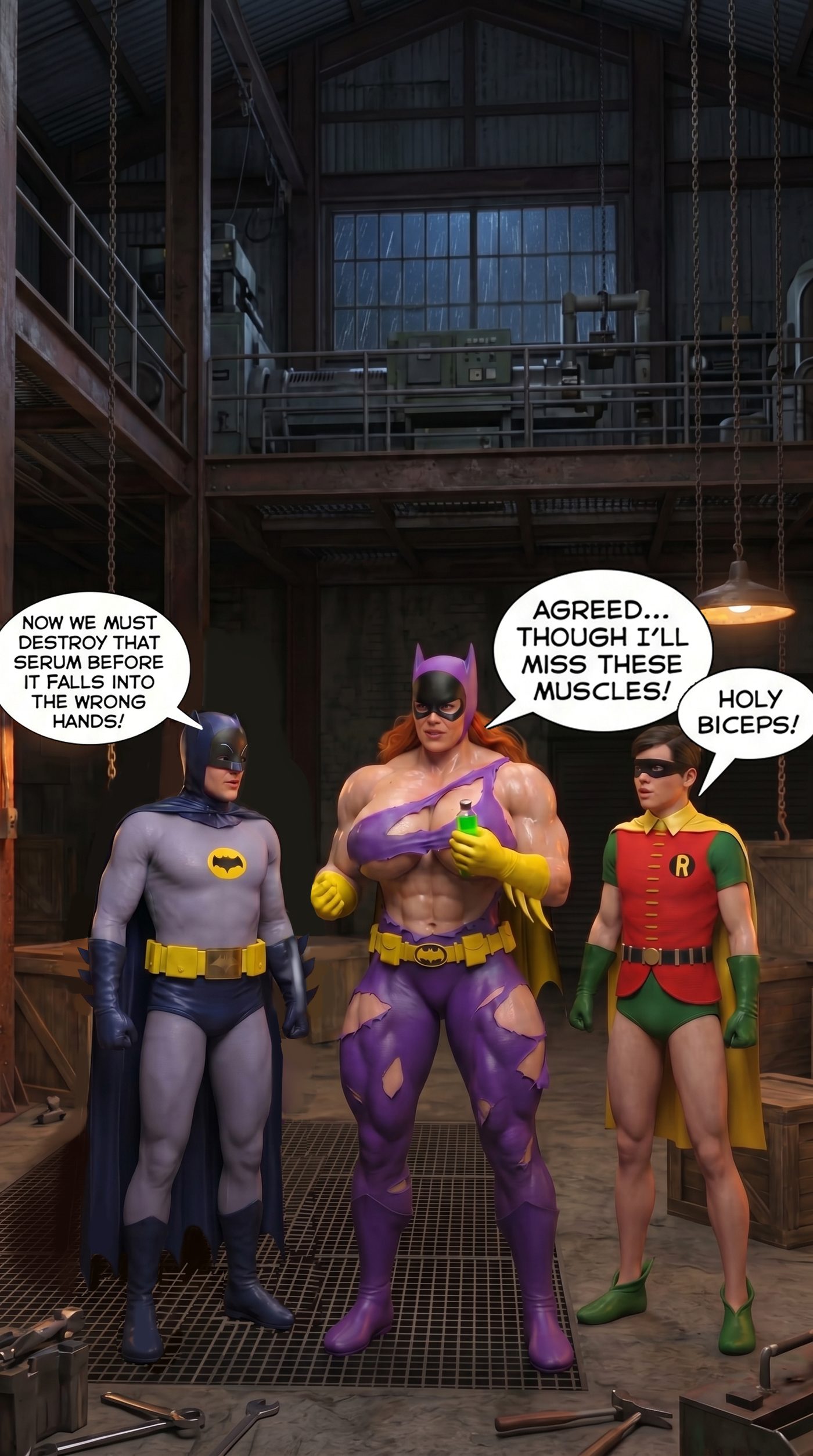 Batman '66 Teil 1 – Mobile Version, Seite 47 — KI-Comic über weibliches Muskelwachstum