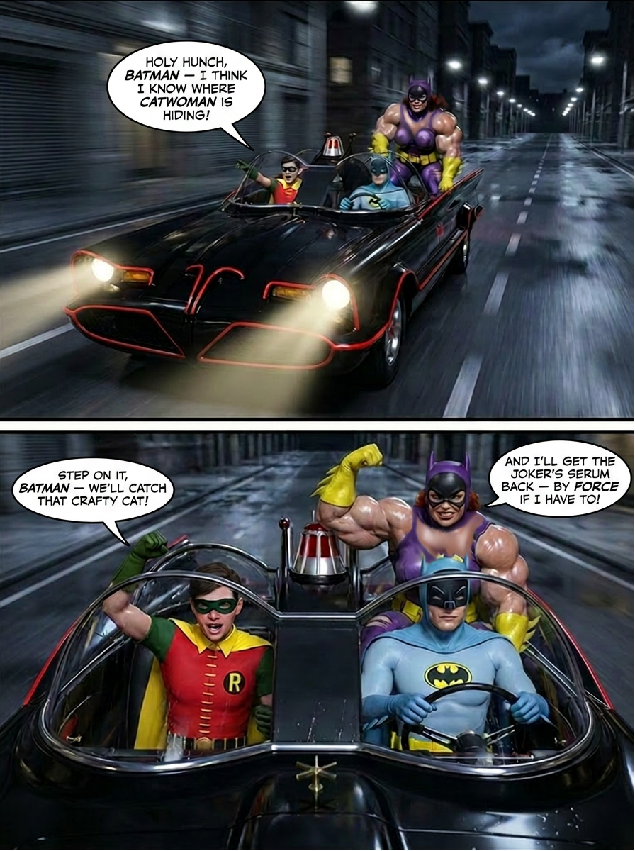 Batman '66 Part 3 - Comic Version, page 5 — AI female muscle growth comic