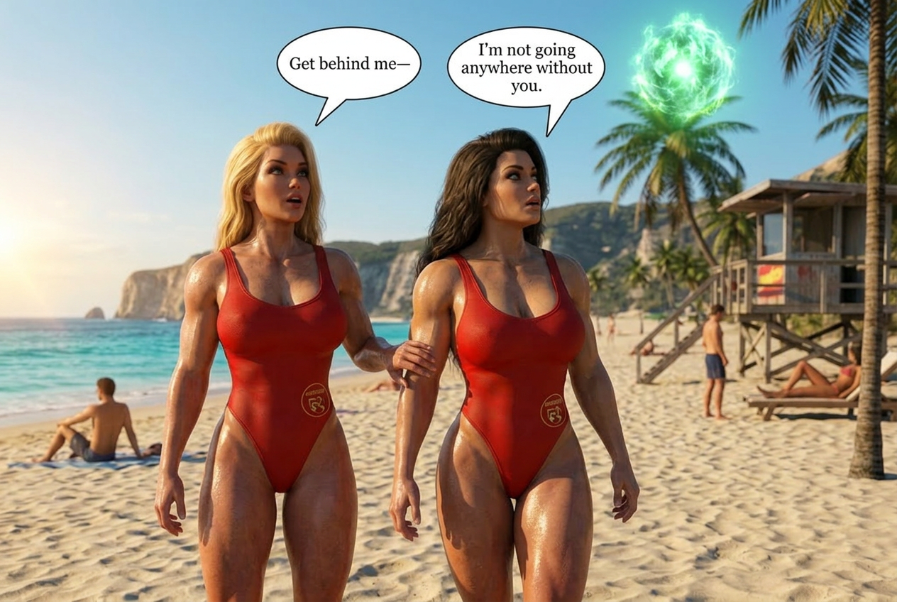 Bay Watched Part 1, page 3 — AI female muscle growth comic