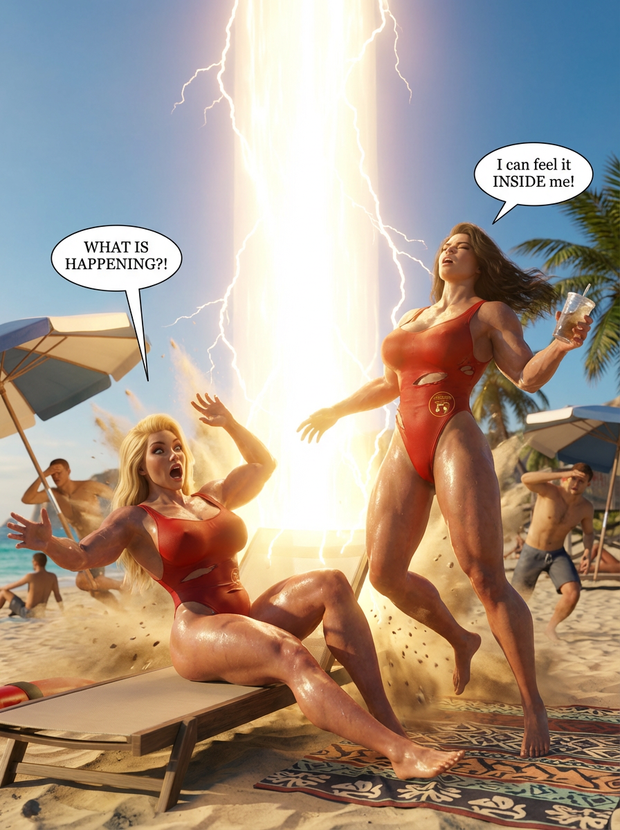 Bay Watched Part 1, page 5 — AI female muscle growth comic