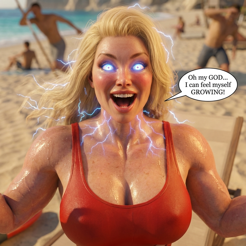 Bay Watched Part 1, page 7 — AI female muscle growth comic