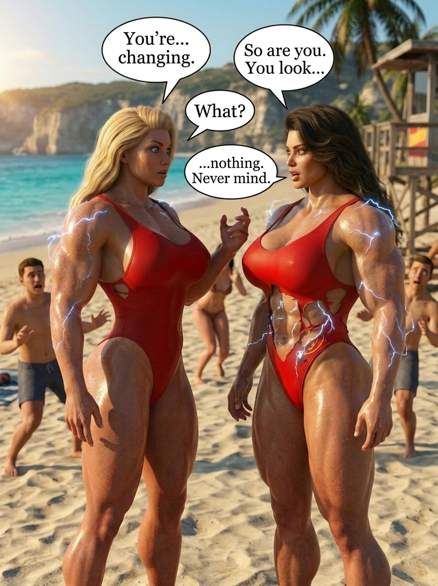 Bay Watched Part 1, page 10 — AI female muscle growth comic