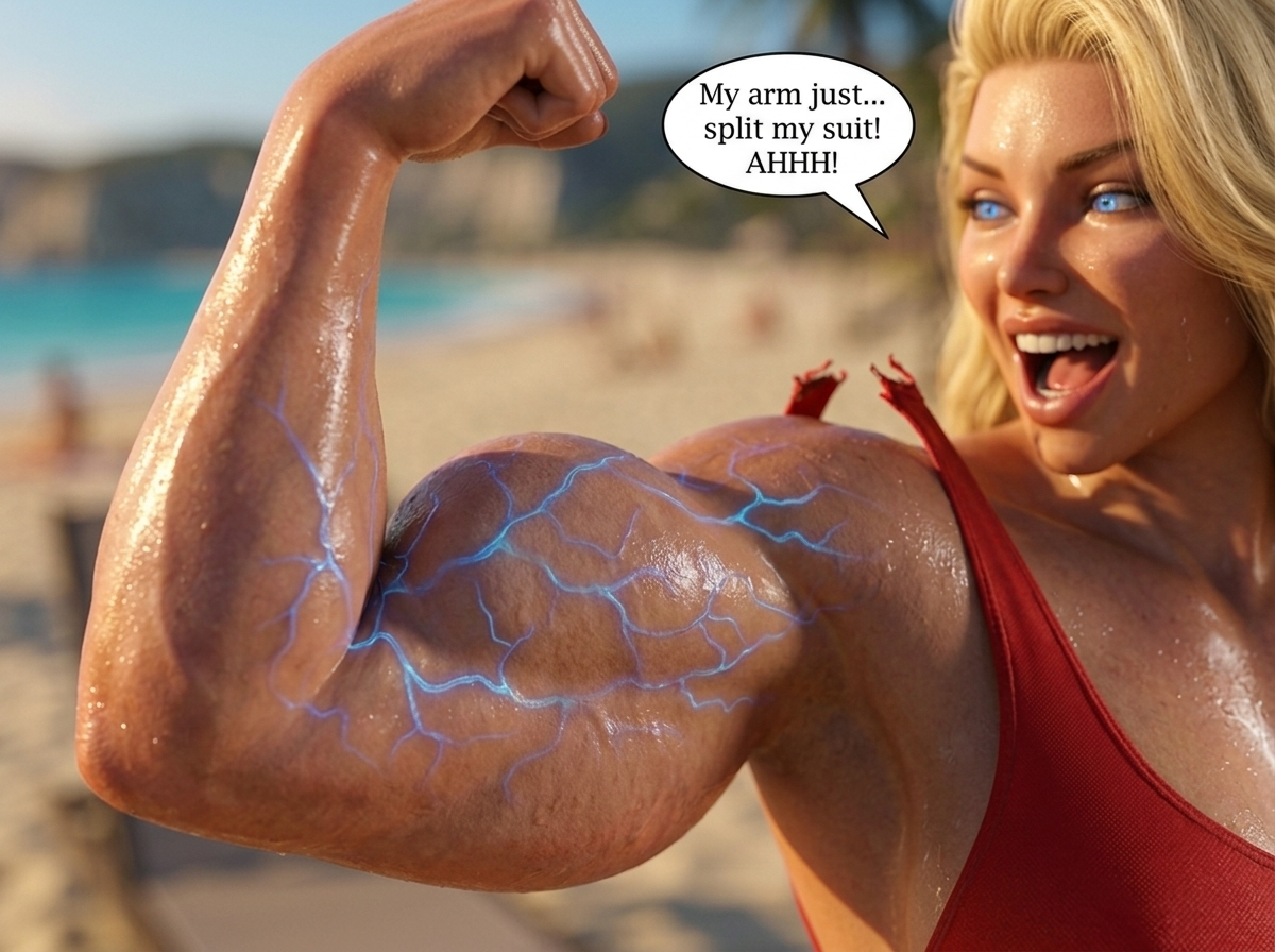 Bay Watched Part 1, page 14 — AI female muscle growth comic