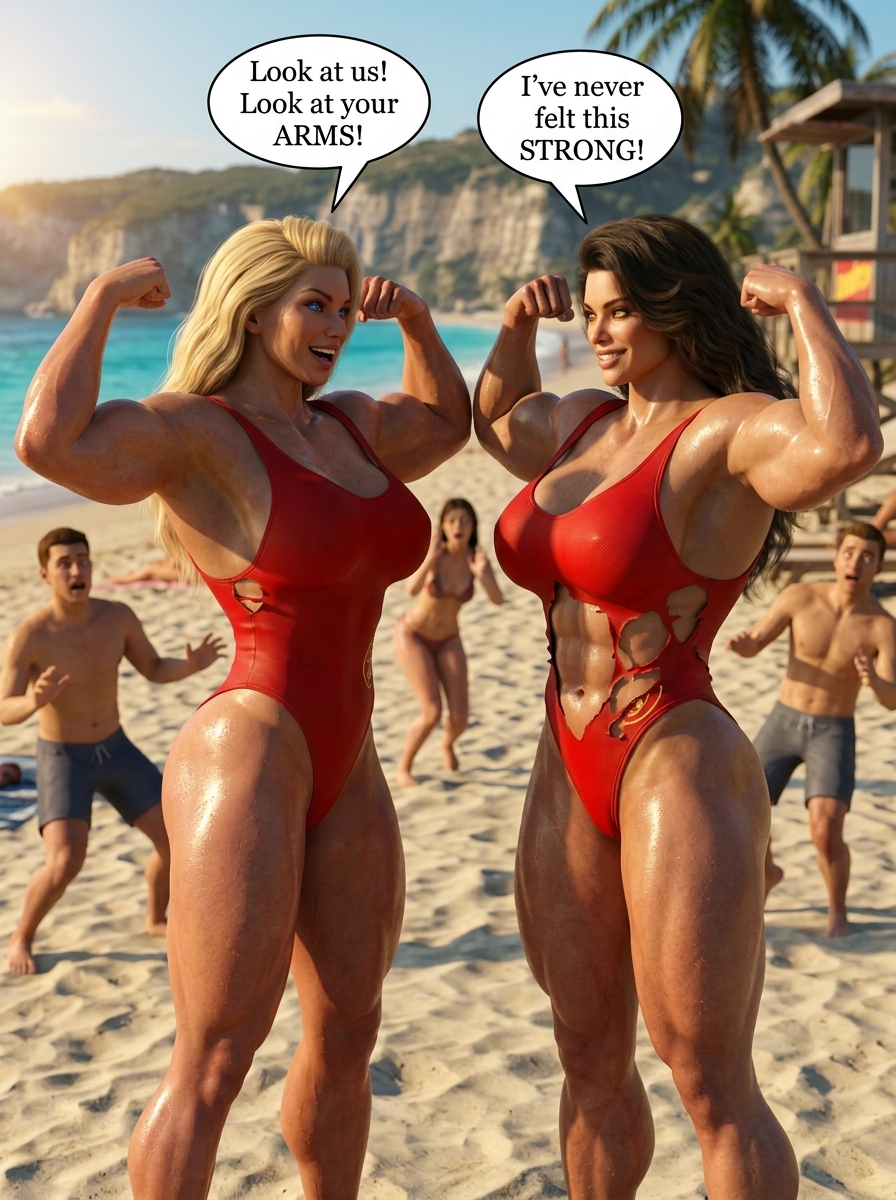 Bay Watched Part 1, page 16 — AI female muscle growth comic
