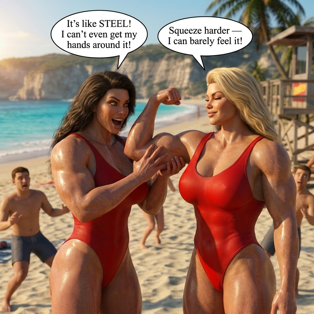 Bay Watched Part 1, page 17 — AI female muscle growth comic