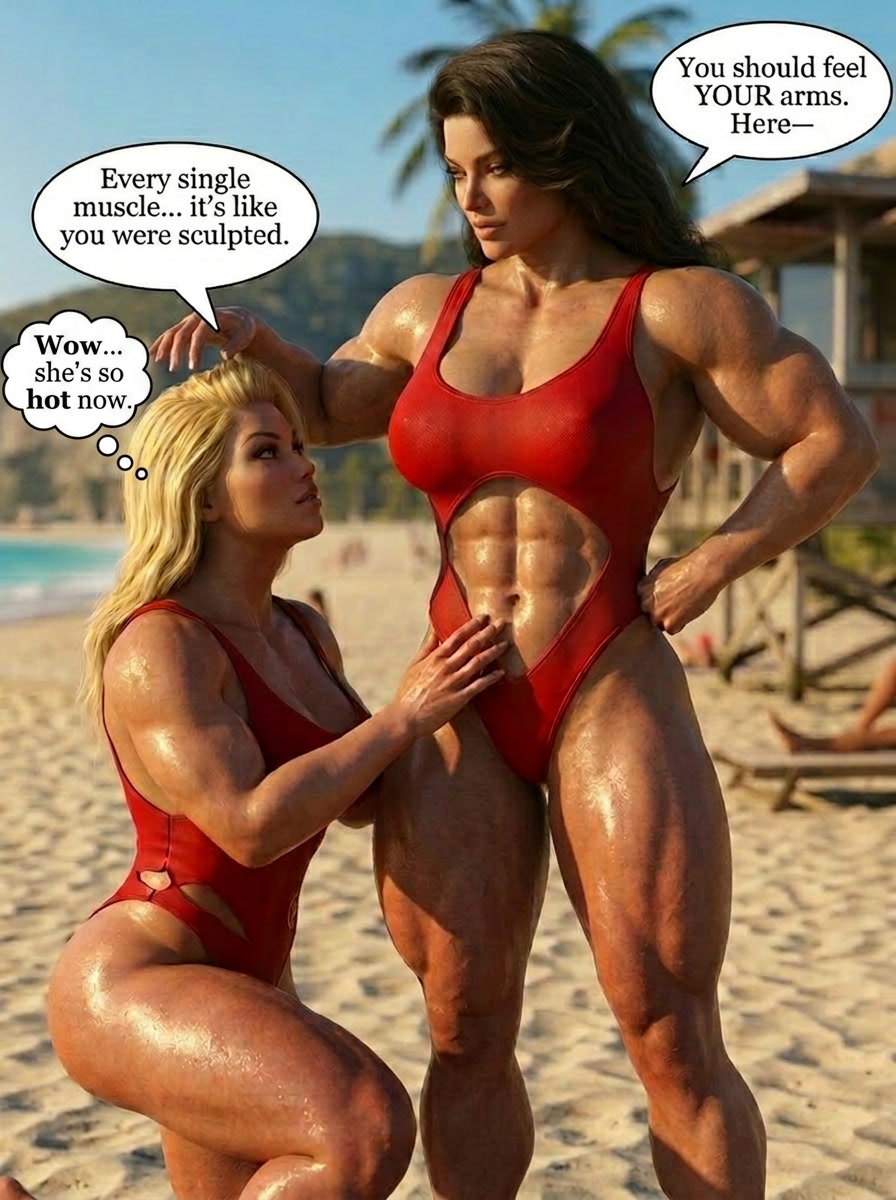 Bay Watched Part 1, page 19 — AI female muscle growth comic