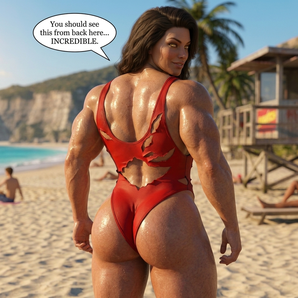 Bay Watched Part 1, page 22 — AI female muscle growth comic