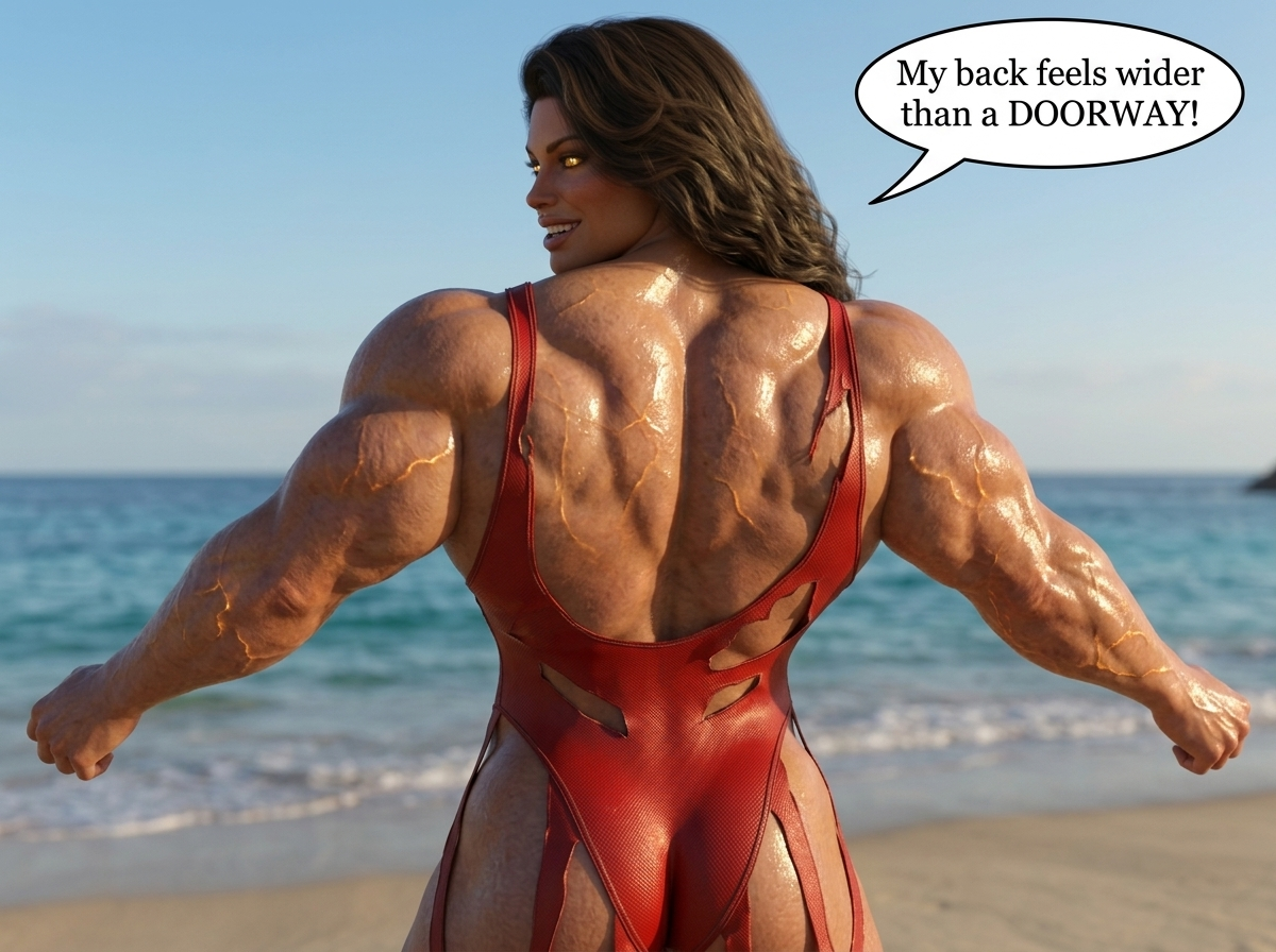 Bay Watched Part 1, page 23 — AI female muscle growth comic
