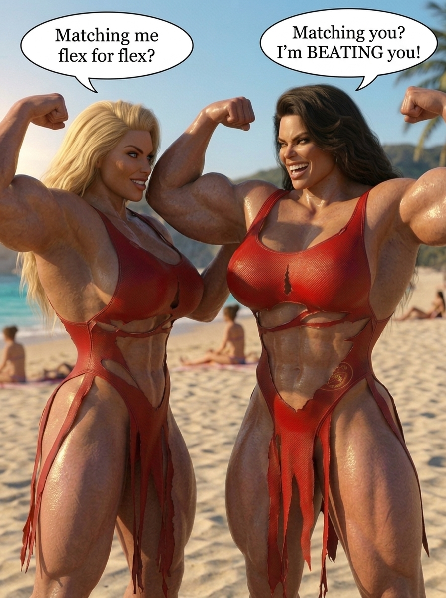 Bay Watched Part 1, page 25 — AI female muscle growth comic