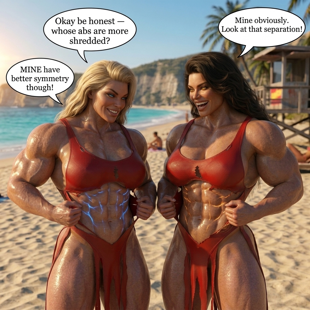Bay Watched Part 1, page 26 — AI female muscle growth comic
