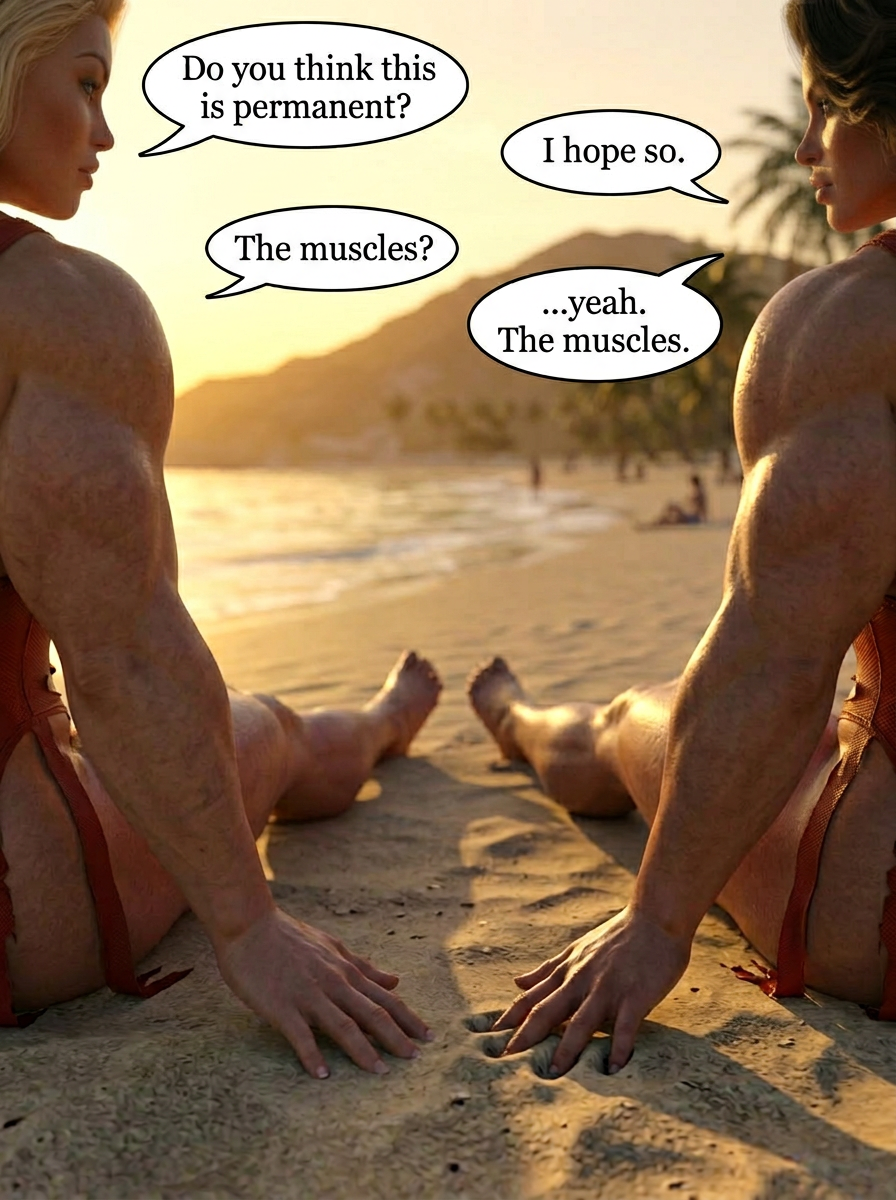 Bay Watched Part 1, page 27 — AI female muscle growth comic