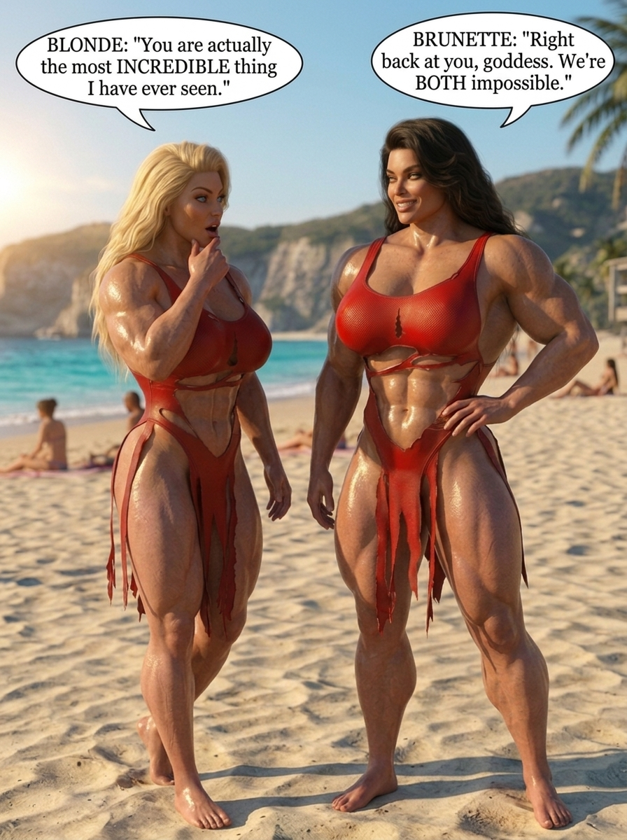 Bay Watched Part 1, page 28 — AI female muscle growth comic