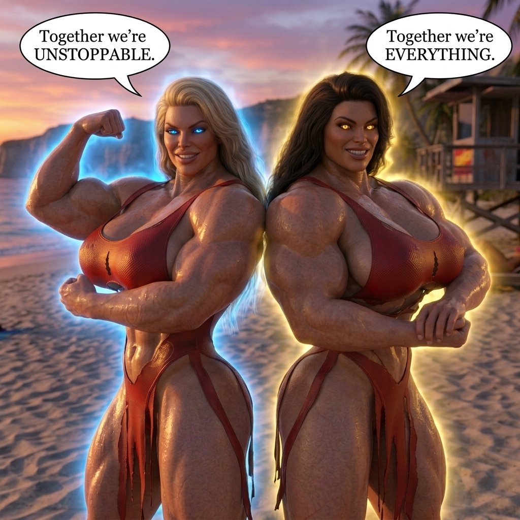 Bay Watched Part 1, page 30 — AI female muscle growth comic