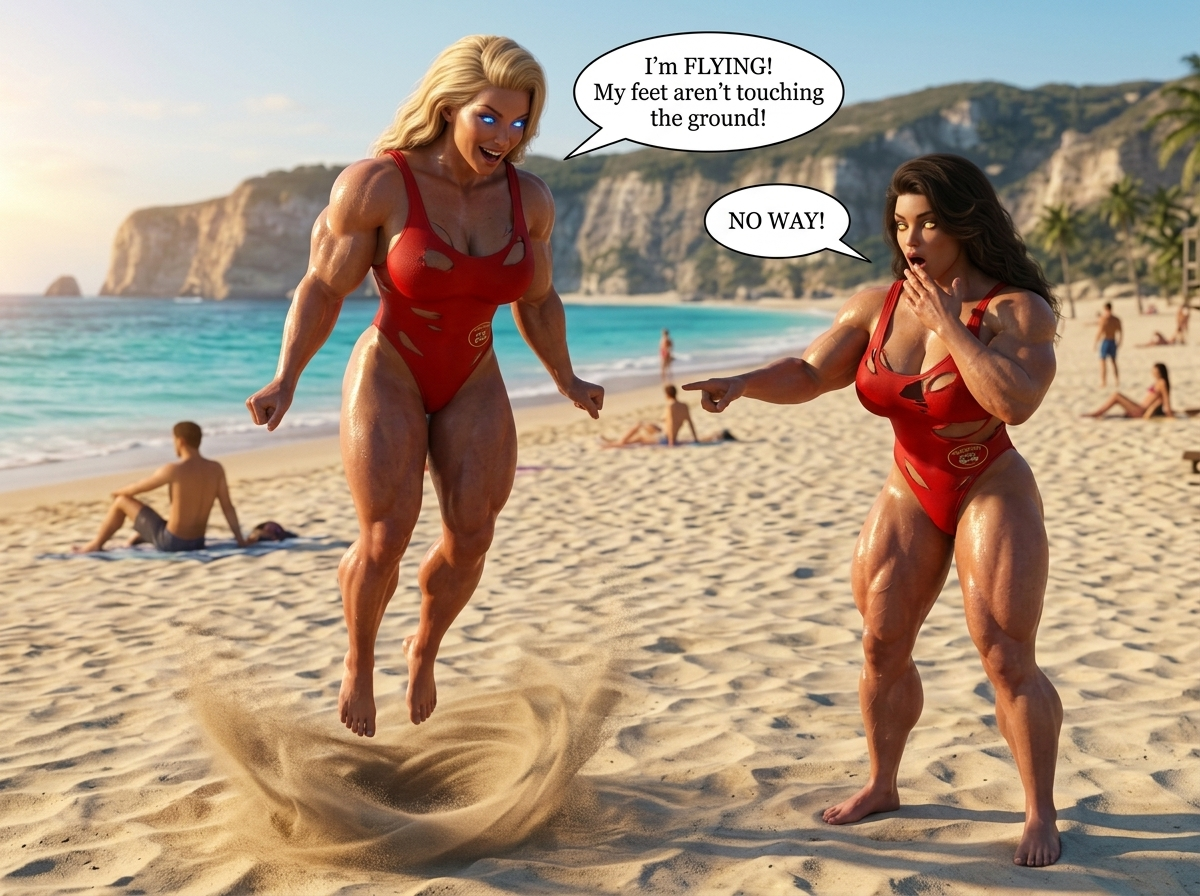 Bay Watched Part 2, page 1 — AI female muscle growth comic