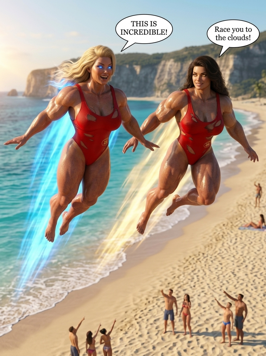 Bay Watched Part 2, page 2 — AI female muscle growth comic