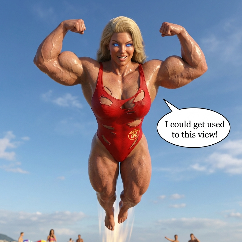 Bay Watched Part 2, page 3 — AI female muscle growth comic