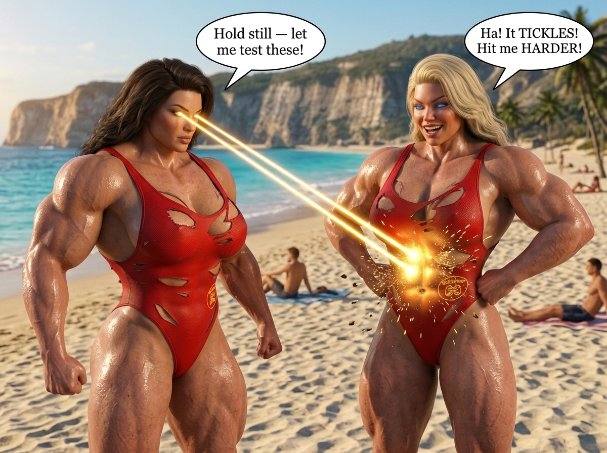 Bay Watched Part 2, page 5 — AI female muscle growth comic