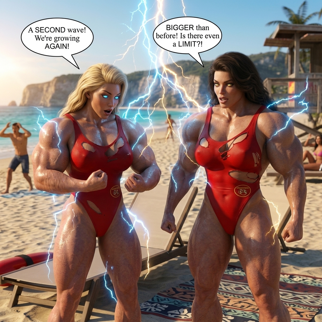 Bay Watched Part 2, page 10 — AI female muscle growth comic