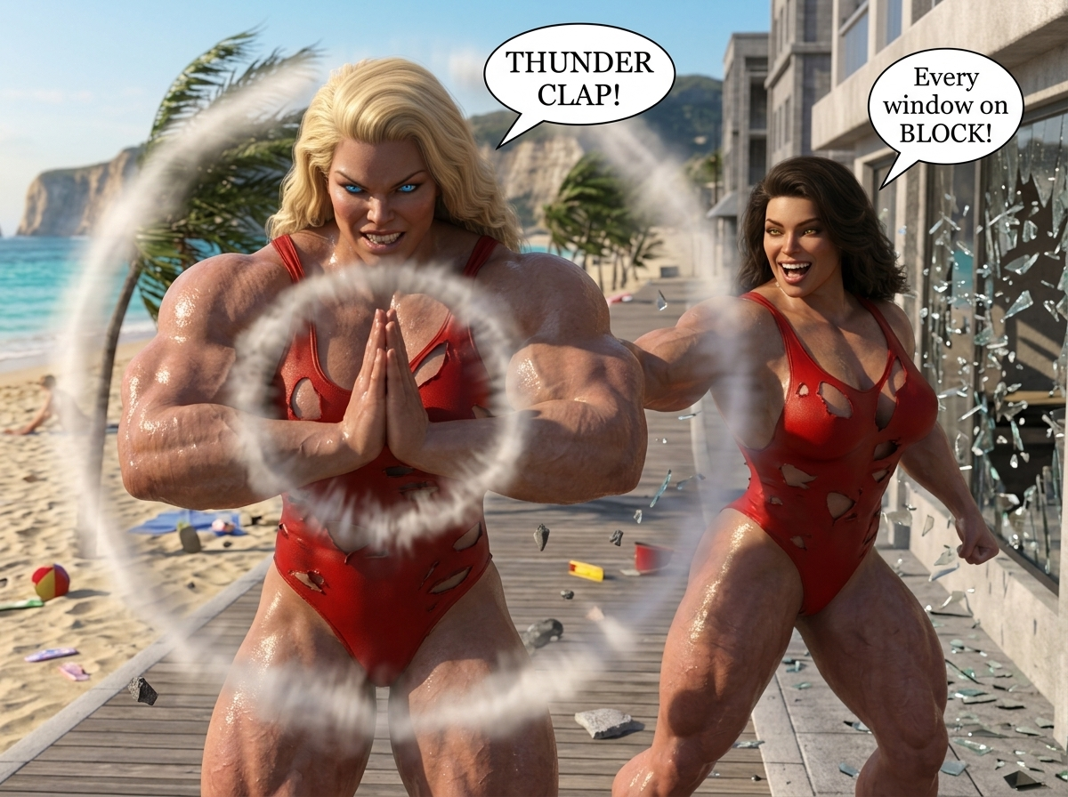 Bay Watched Part 2, page 16 — AI female muscle growth comic