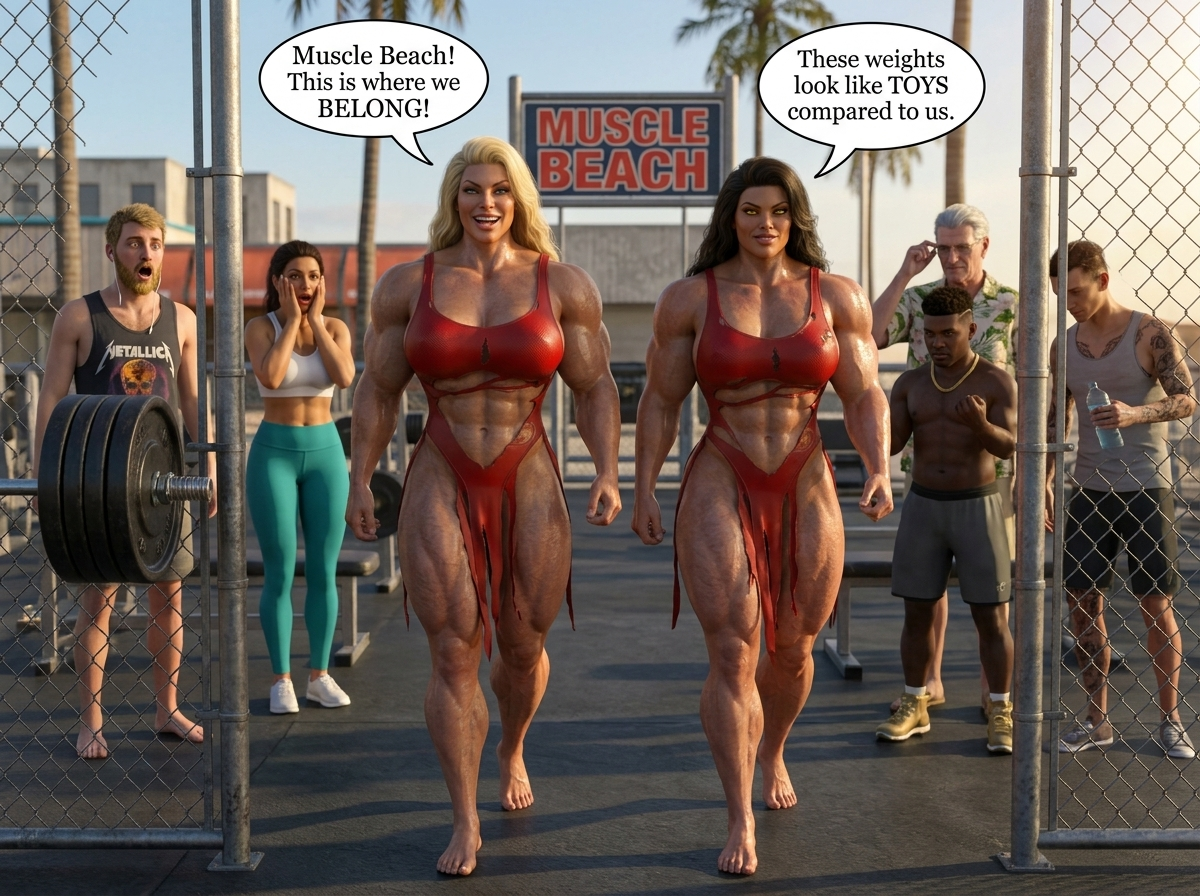 Bay Watched Part 3, page 1 — AI female muscle growth comic