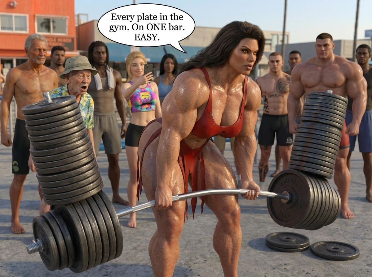Bay Watched Part 3, page 4 — AI female muscle growth comic