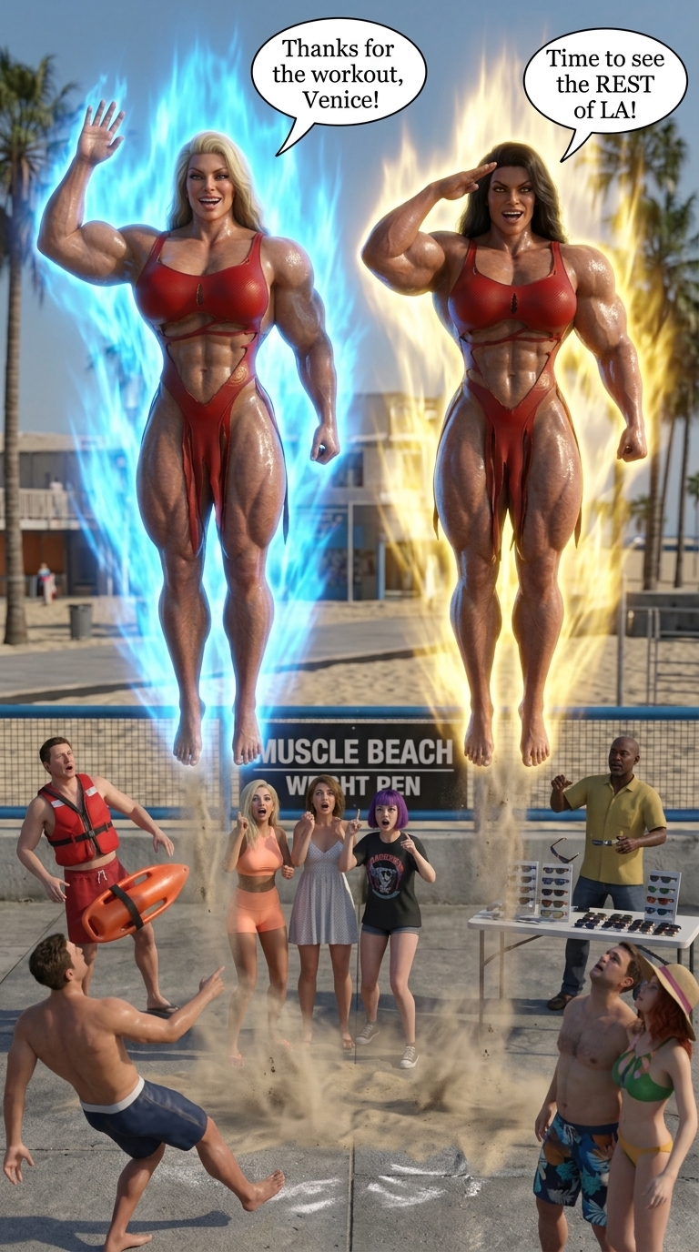 Bay Watched Part 3, page 5 — AI female muscle growth comic