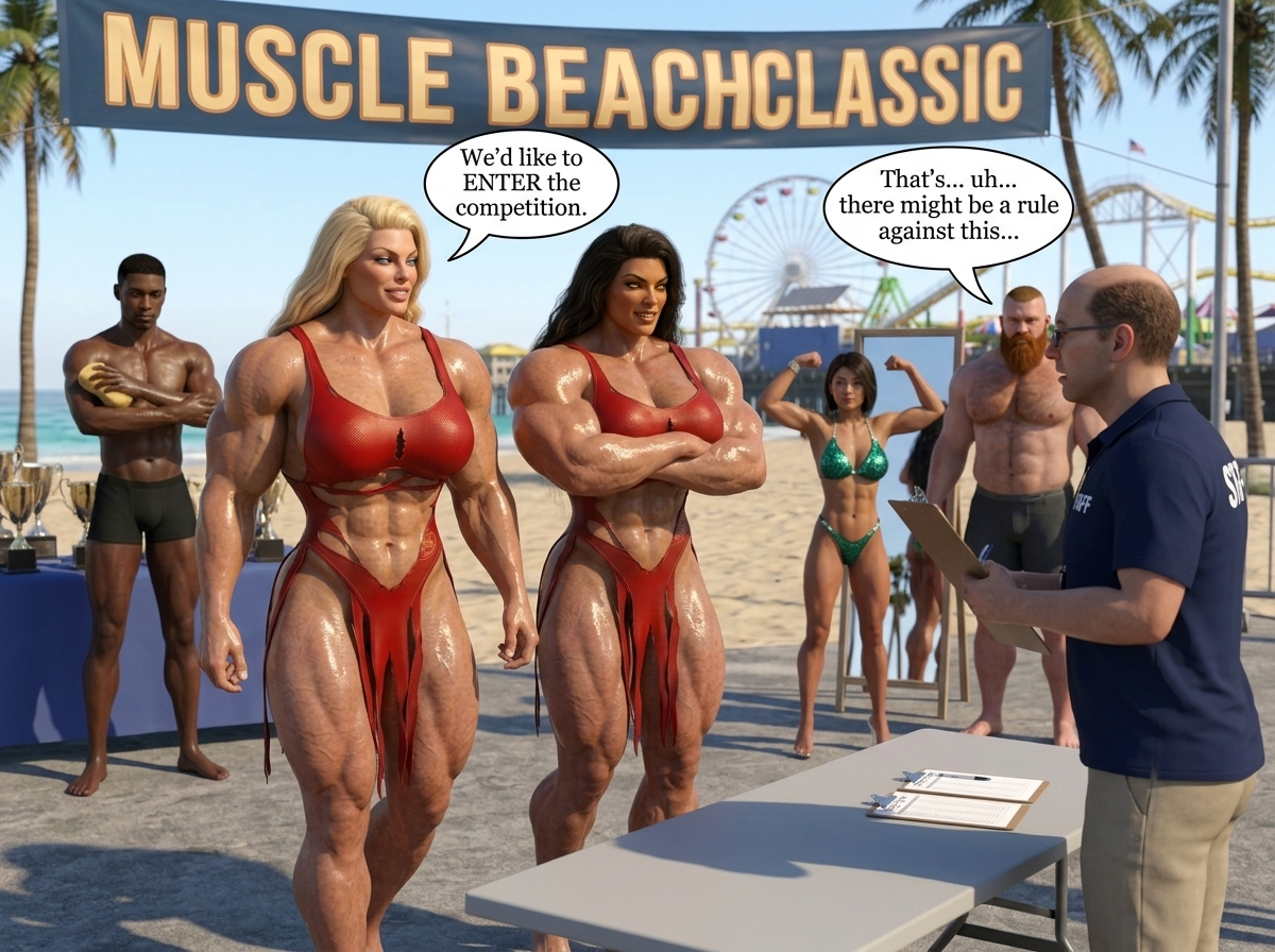 Bay Watched Part 3, page 6 — AI female muscle growth comic