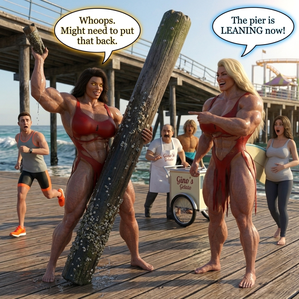 Bay Watched Part 3, page 24 — AI female muscle growth comic