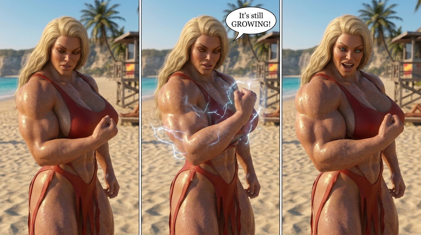 Bay Watched Part 3, page 29 — AI female muscle growth comic