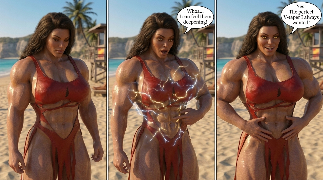 Bay Watched Part 3, page 30 — AI female muscle growth comic