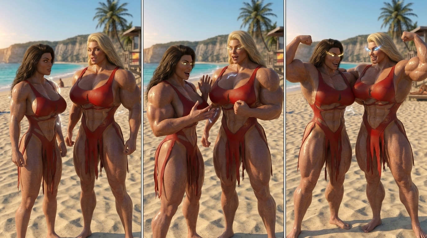 Bay Watched Part 3, page 31 — AI female muscle growth comic