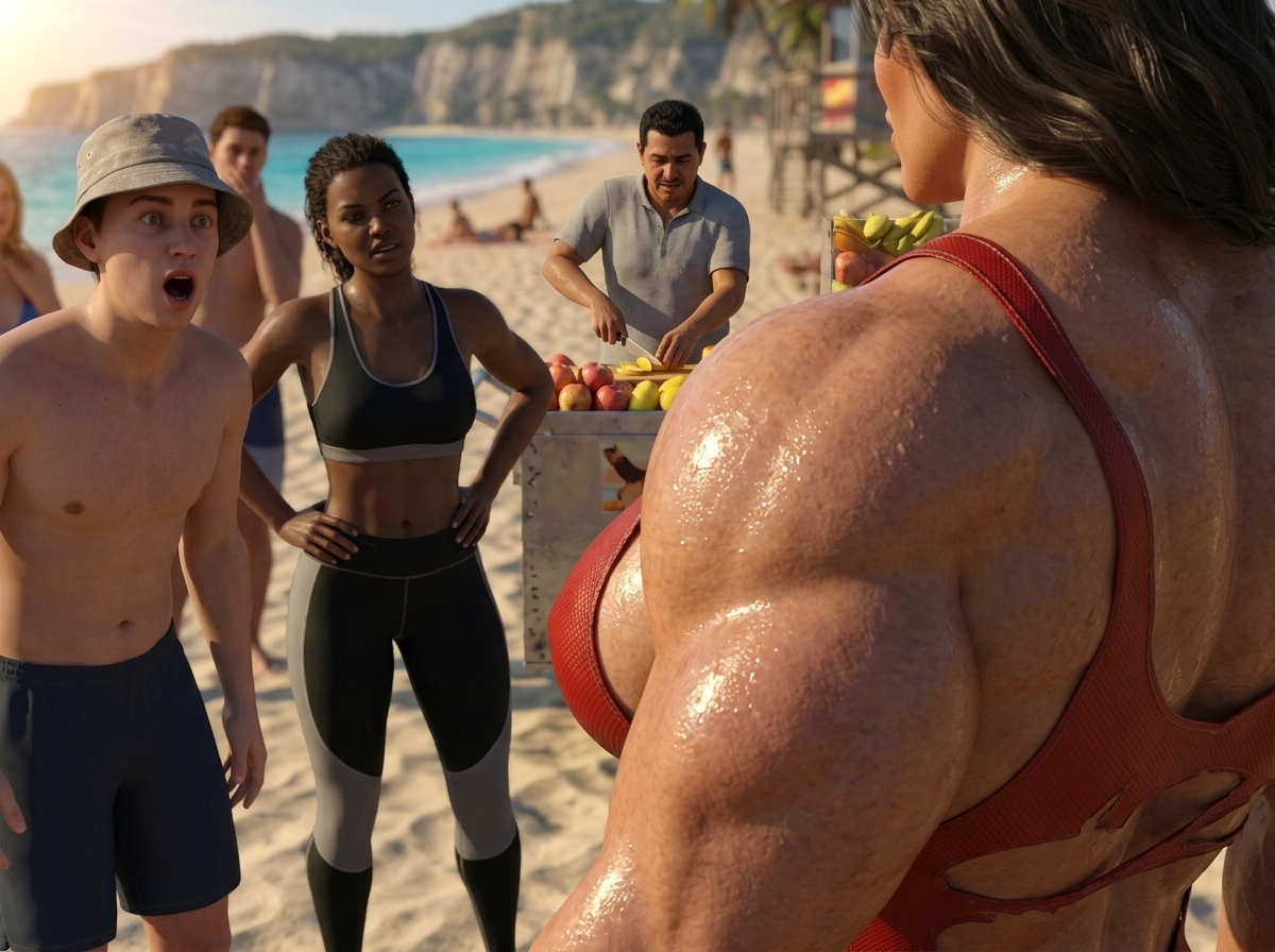 Bay Watched Part 3, page 33 — AI female muscle growth comic