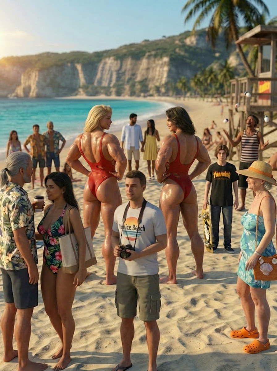Bay Watched Part 3, page 35 — AI female muscle growth comic