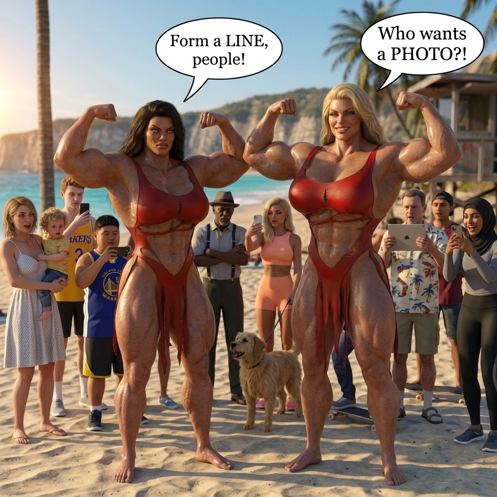Bay Watched Part 3, page 36 — AI female muscle growth comic