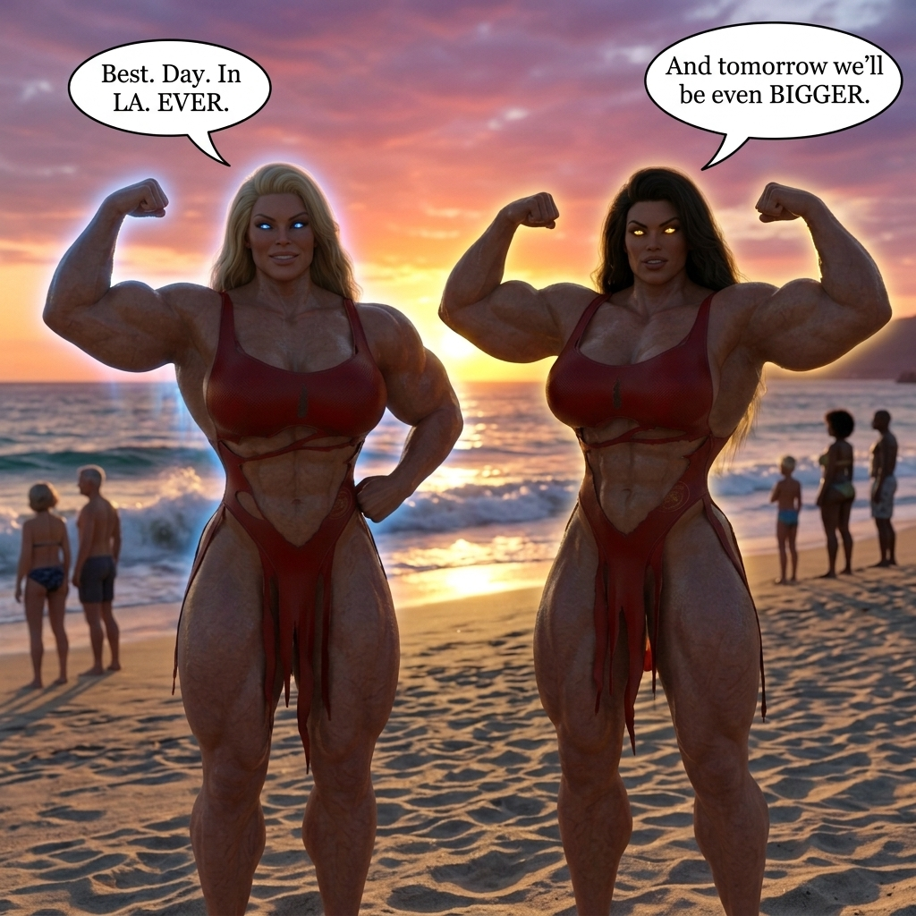 Bay Watched Part 3, page 43 — AI female muscle growth comic