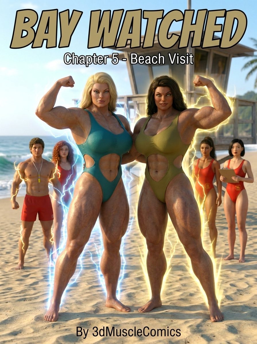 Bay Watched Part 4, page 1 — AI female muscle growth comic
