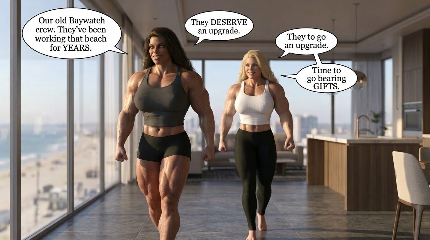 Bay Watched Part 4, page 7 — AI female muscle growth comic
