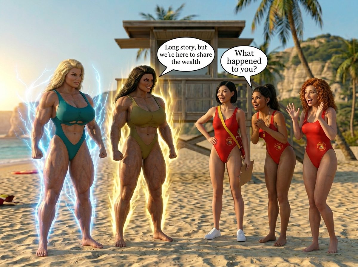Bay Watched Part 4, page 12 — AI female muscle growth comic