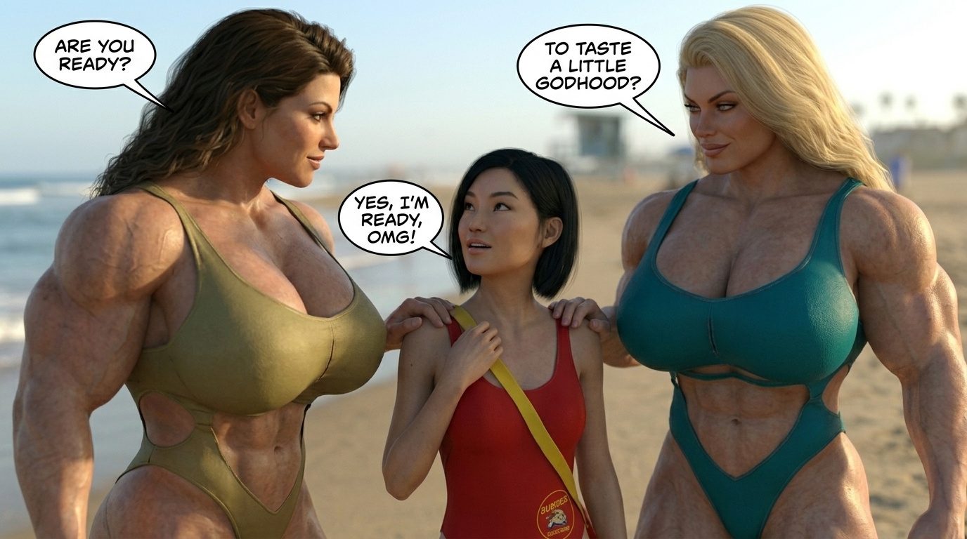 Bay Watched Part 4, page 14 — AI female muscle growth comic