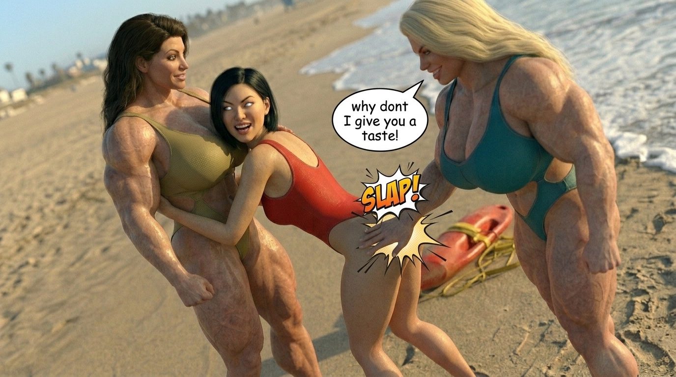 Bay Watched Part 4, page 25 — AI female muscle growth comic