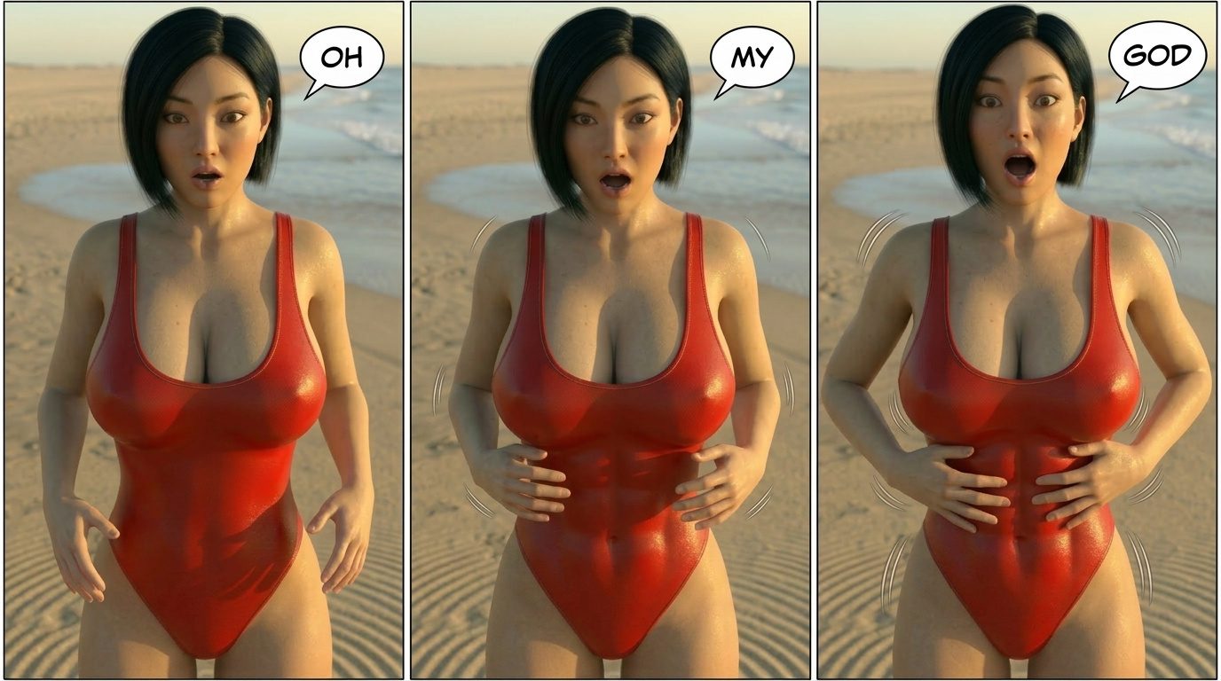 Bay Watched Part 4, page 36 — AI female muscle growth comic