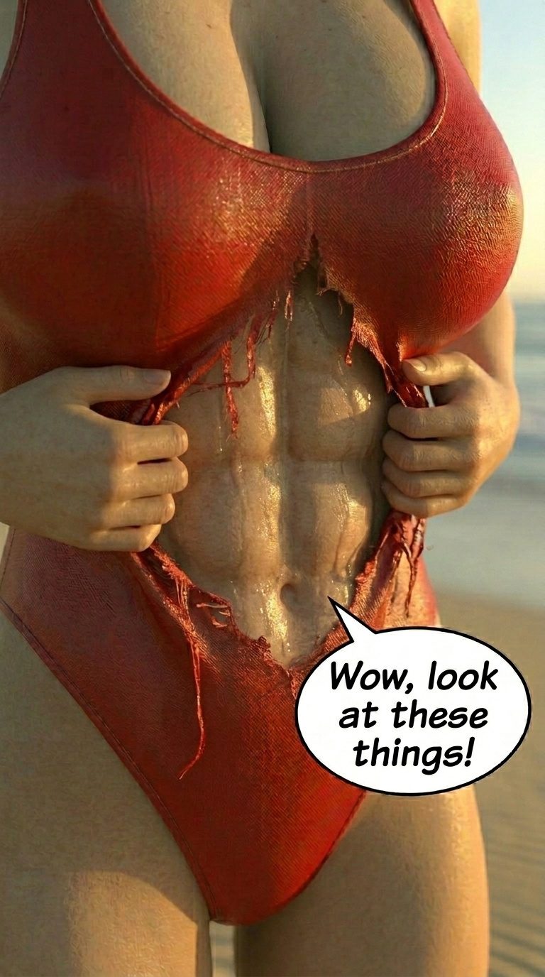 Bay Watched Part 4, page 37 — AI female muscle growth comic