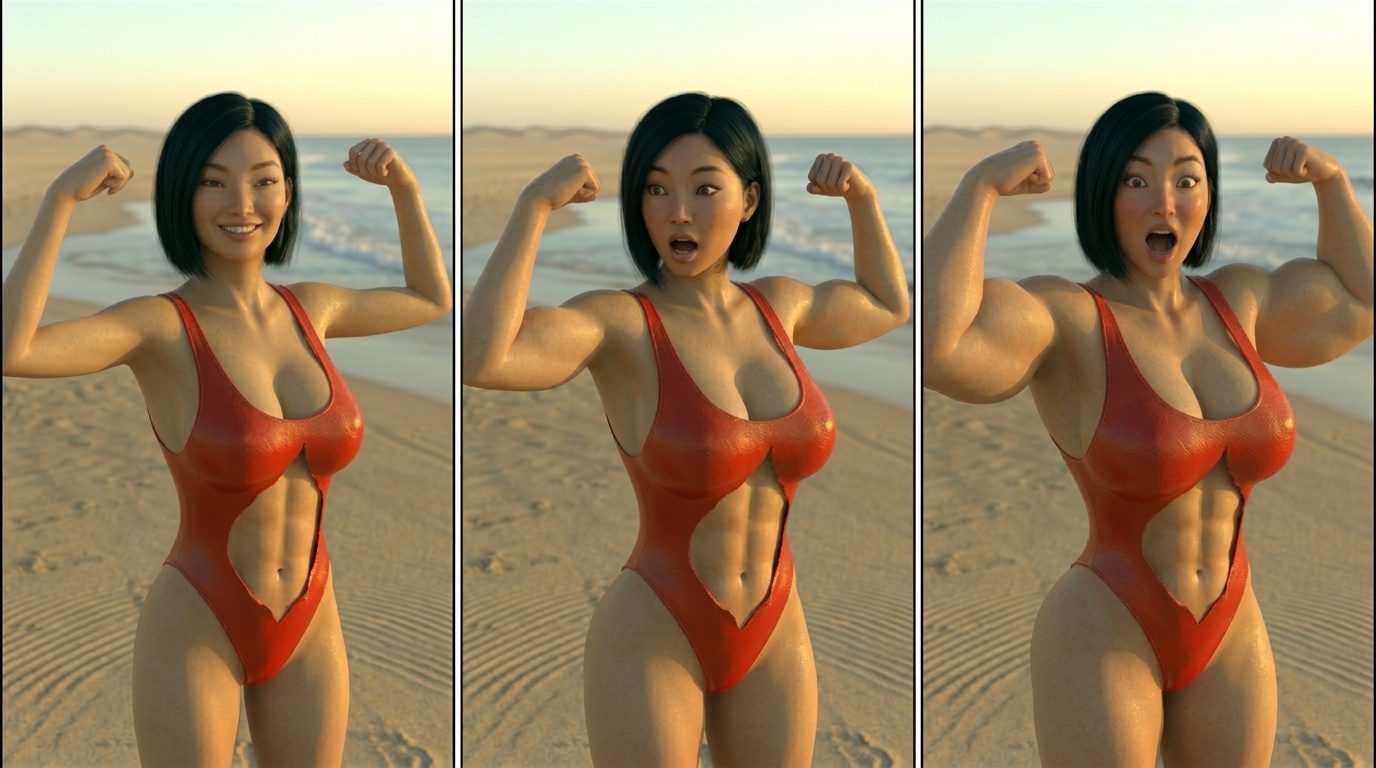 Bay Watched Part 4, page 38 — AI female muscle growth comic