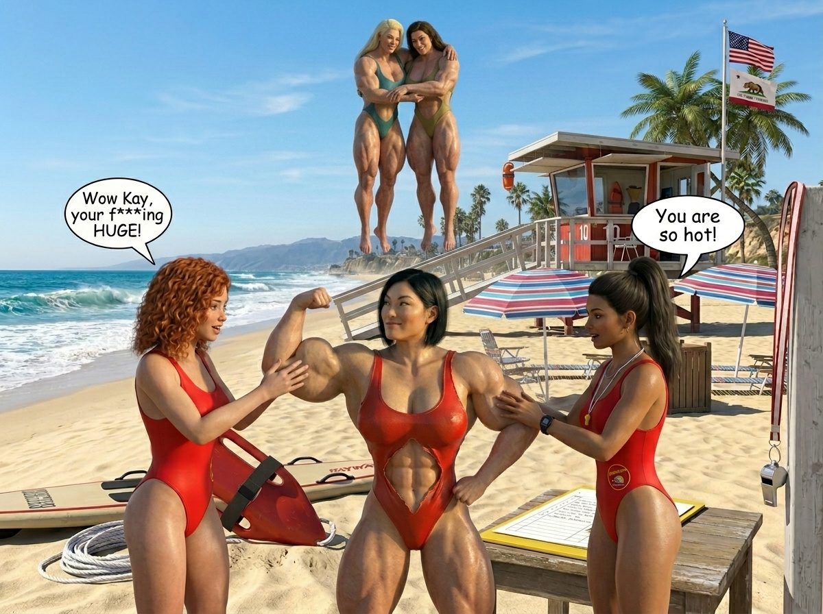 Bay Watched Part 4, page 41 — AI female muscle growth comic