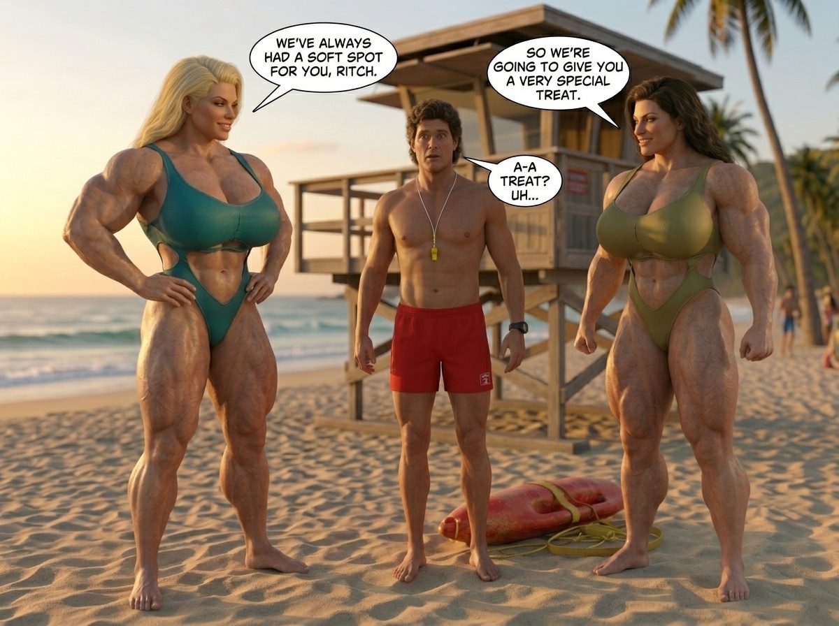 Bay Watched Part 4, page 62 — AI female muscle growth comic