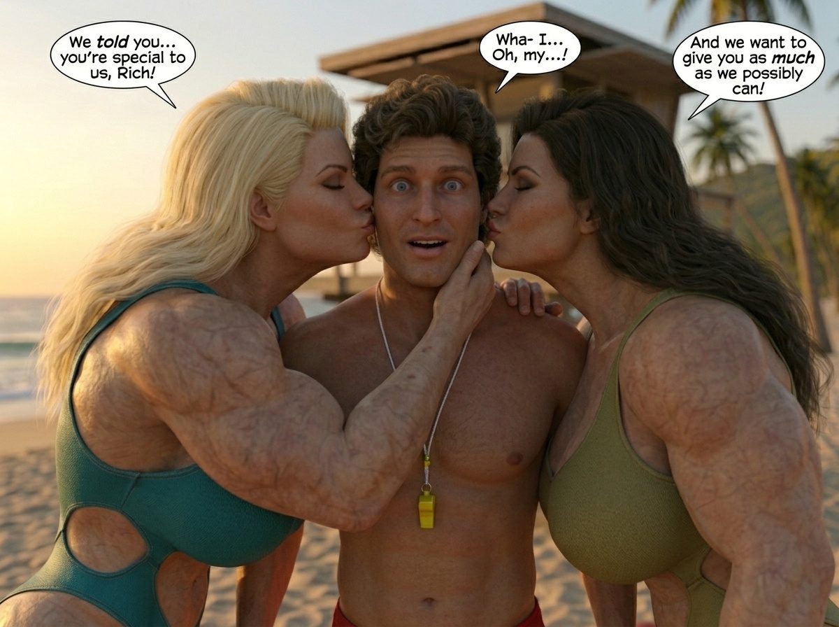 Bay Watched Part 4, page 63 — AI female muscle growth comic