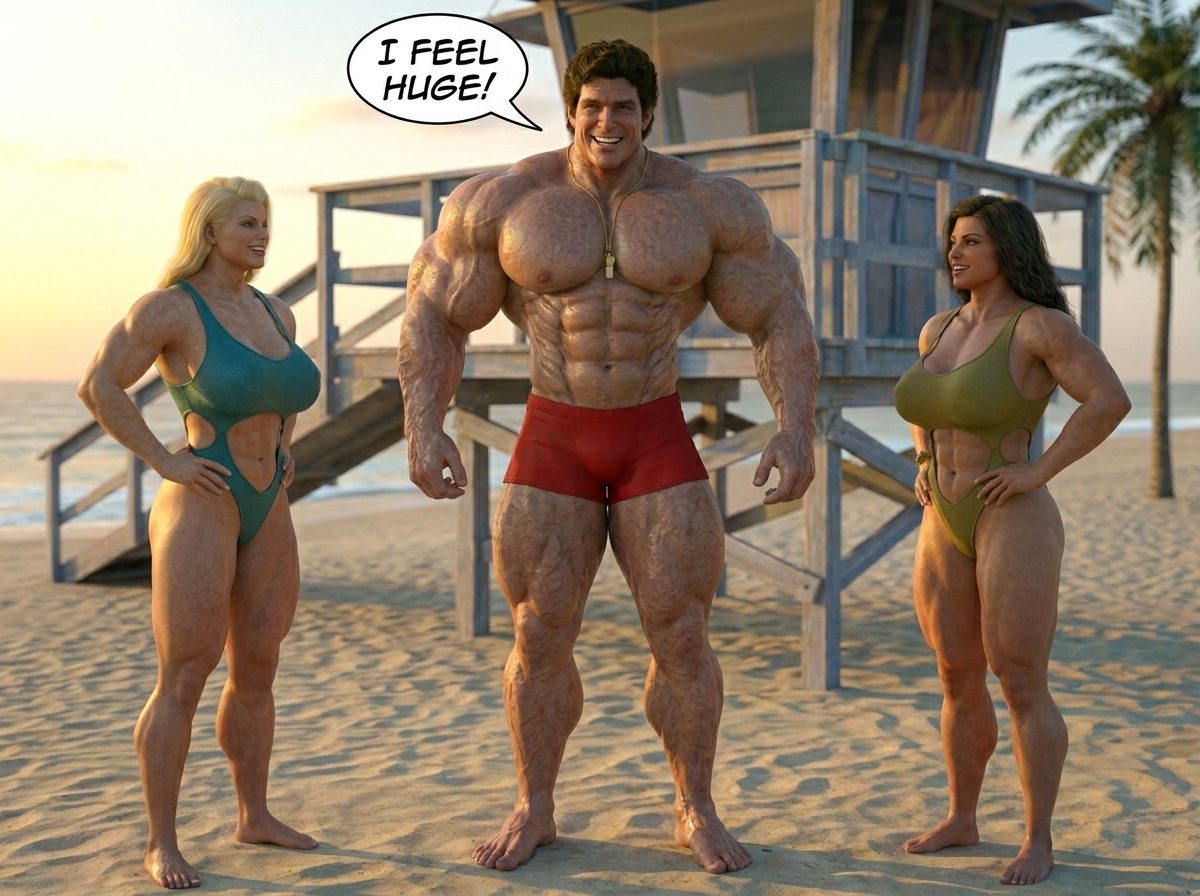 Bay Watched Part 4, page 67 — AI female muscle growth comic