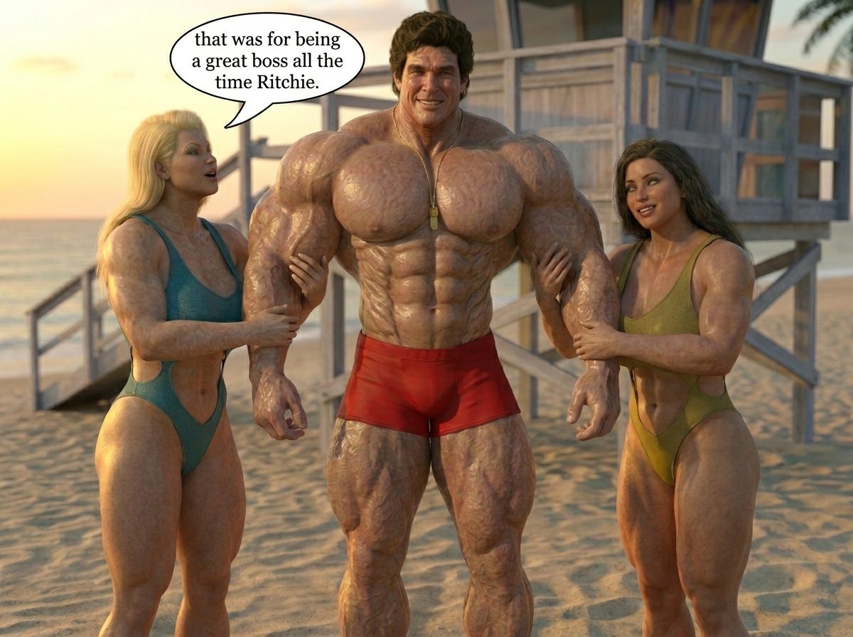 Bay Watched Part 4, page 68 — AI female muscle growth comic